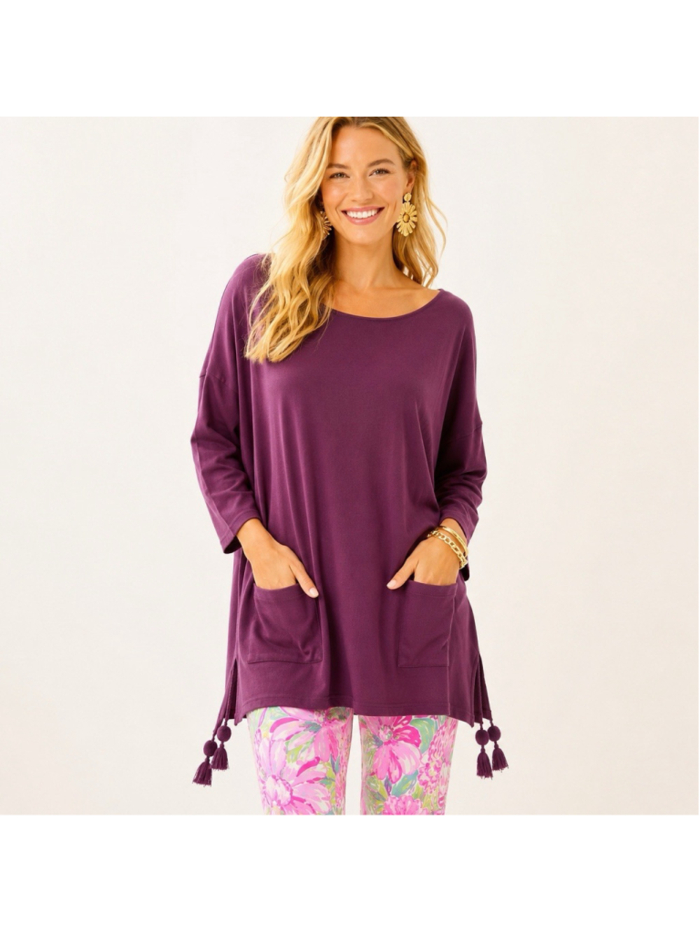Lilly Pulitzer Elba Sweater Poncho Tunic Deep Purple Tassel Pocket M